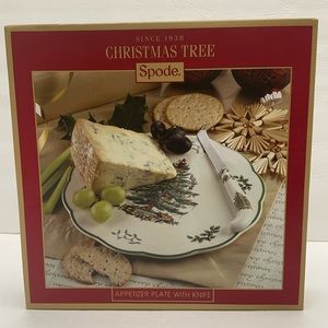 Spode Christmas Tree appetizer plate with knife.
